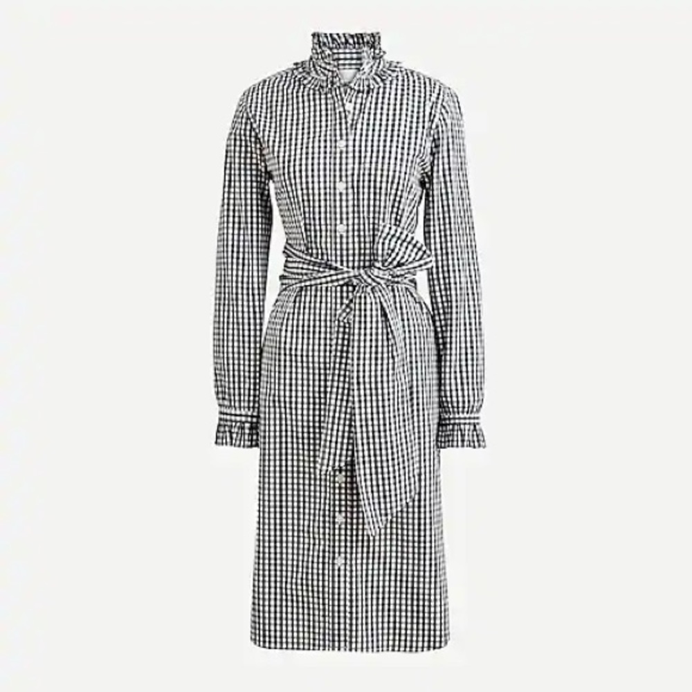 J.Crew Classic-fit ruffleneck shirtdress dress navy check AY173 - Picture 4 of 14